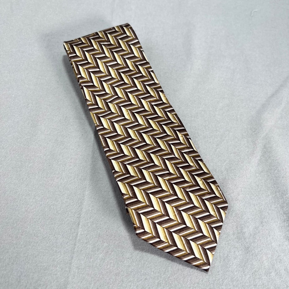 Puritan Silk Necktie Geometric Pattern Stain Resistant Brown Beige 3.75x 58"